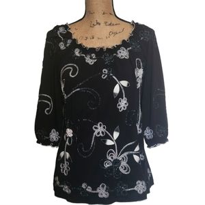 Once Again, Size Small, Black Top, with Embellished Floral Design